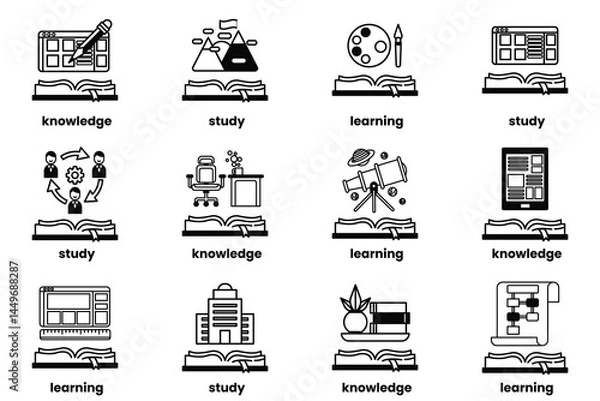 Fototapeta Set of illustrations in the concept of Books and knowledge in a line style