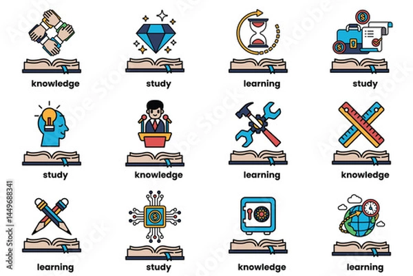 Fototapeta Set of illustrations in the concept of Books and knowledge in a line style