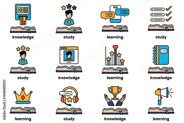 Fototapeta Set of illustrations in the concept of Books and knowledge in a line style