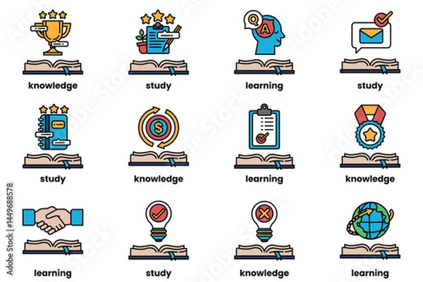 Fototapeta Set of illustrations in the concept of Books and knowledge in a line style