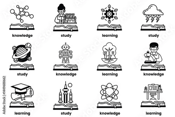 Fototapeta Set of illustrations in the concept of Books and knowledge in a line style