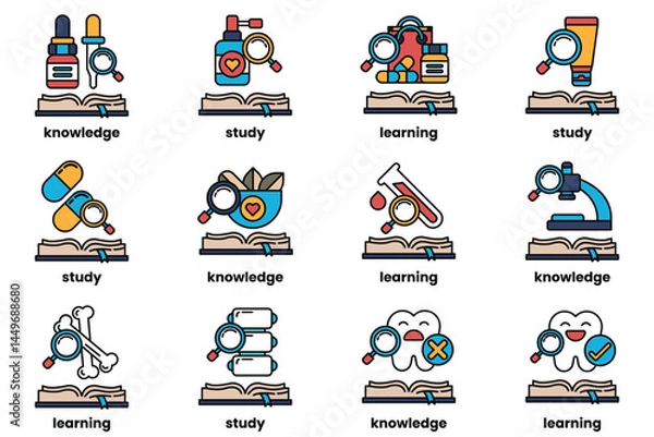 Fototapeta Set of illustrations in the concept of Books and knowledge in a line style