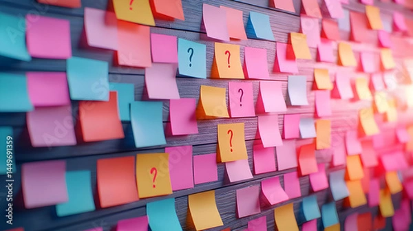 Obraz Colorful Sticky Notes with Questions on a Wall for Creative Ideas