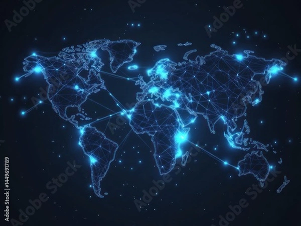 Fototapeta Global network connection, glowing world map.