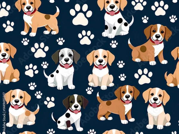 Fototapeta A charming pattern featuring happy cartoon dogs and paw prints on a dark blue background design.