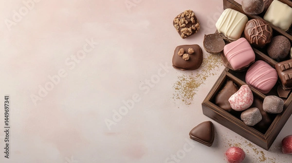 Obraz Assorted Gourmet Chocolates in a Wooden Box on a Light Pink Background
