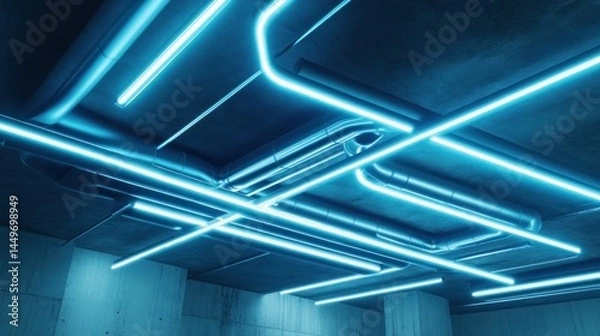 Fototapeta Abstract Neon Light Installation in Industrial Setting: Futuristic Ceiling Design with Bright Blue LED Tubes and Metallic Pipes