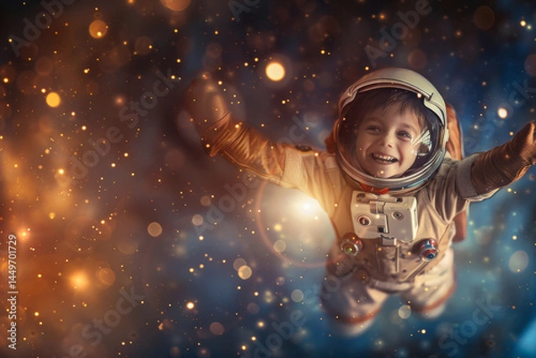 Fototapeta A happy boy sees himself in a dream as an astronaut, dreams of space