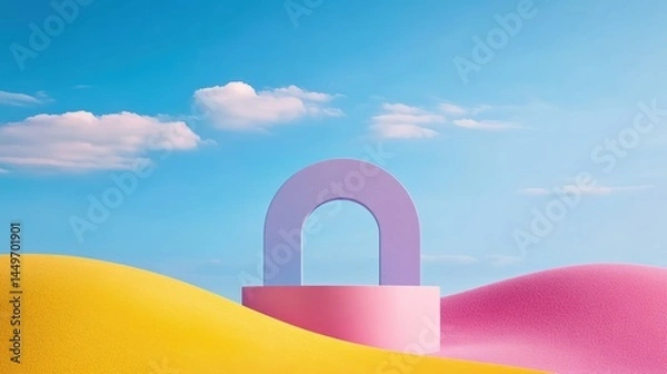 Fototapeta 3D white cylindrical podium with Surreal architecture with arched window,curtain,pool,interior design of empty space,exhibition gallerydisplayProduct presentation realistic podium or platform.