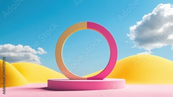 Fototapeta 3D white cylindrical podium with Surreal architecture with arched window,curtain,pool,interior design of empty space,exhibition gallerydisplayProduct presentation realistic podium or platform.