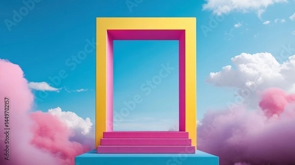 Obraz 3D white cylindrical podium with Surreal architecture with arched window,curtain,pool,interior design of empty space,exhibition gallerydisplayProduct presentation realistic podium or platform.