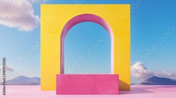 Obraz 3D white cylindrical podium with Surreal architecture with arched window,curtain,pool,interior design of empty space,exhibition gallerydisplayProduct presentation realistic podium or platform.