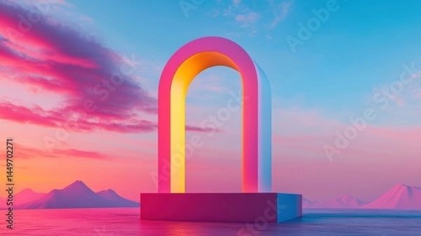 Fototapeta 3D white cylindrical podium with Surreal architecture with arched window,curtain,pool,interior design of empty space,exhibition gallerydisplayProduct presentation realistic podium or platform.