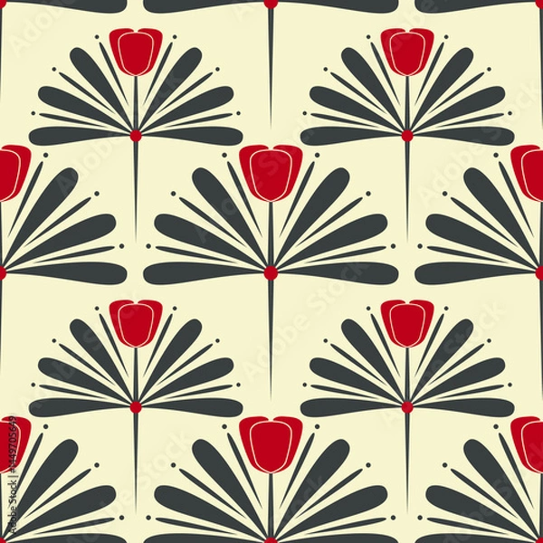 Fototapeta Red abstract flower seamless pattern on a beige background. Art Deco tulip endless print.