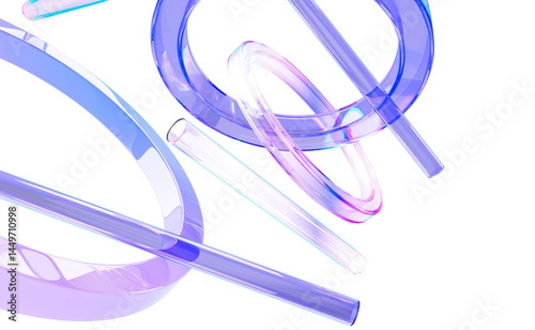 Obraz Abstract holographic 3d background with glass transparent circular rings and tubes render. Iridescent crystal light geometric pattern. Fashion banner with floating gradient figures