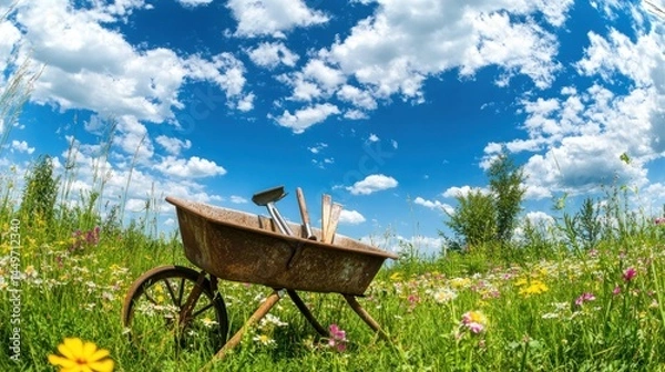 Fototapeta Rustic Wheelbarrow in a Vibrant Wildflower Meadow Under a Sunny Sky