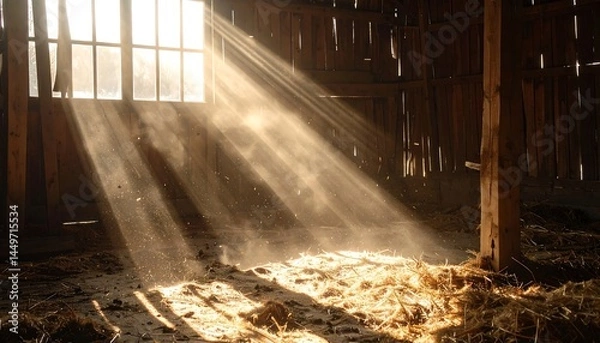 Fototapeta Dust particles dancing in sunlight pouring through an open barn doo
