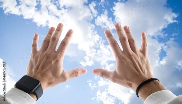 Fototapeta Hands and the sky stretching towards the surreal sky like a dream