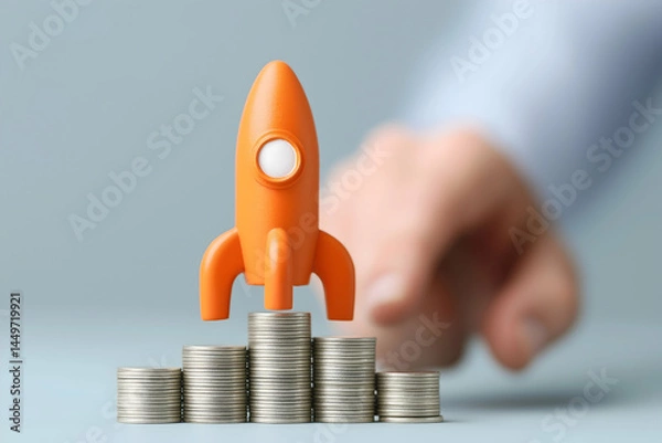 Obraz Orange rocket on stacks of coins symbolizes financial growth, investment, or startup success with a hand ready to launch.
