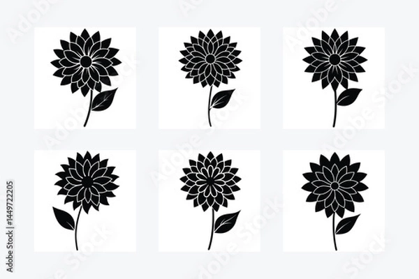 Fototapeta Dahlia Flowers Set Silhouette Vector Illustration.
