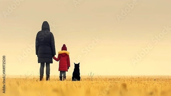 Fototapeta mother and daughter walking in the field 