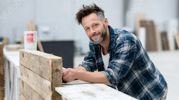 Fototapeta Carpenter working with wooden pallets in a spacious workshop