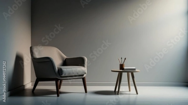 Fototapeta Serene Minimalist Room Setting Featuring a Comfortable Armchair and a Small Side Table