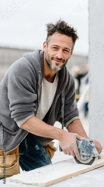 Obraz Carpenter working on construction site with wood and tools during cloudy day