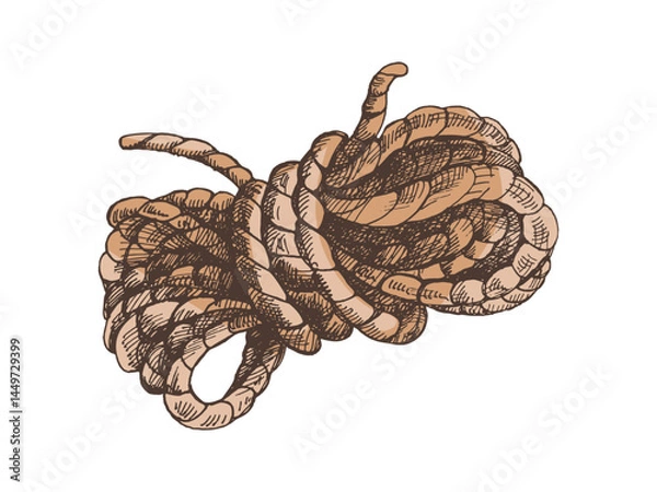 Fototapeta Hand drawn vintage colored sketch of coiled rope knot for camping, sailing and western adventure design