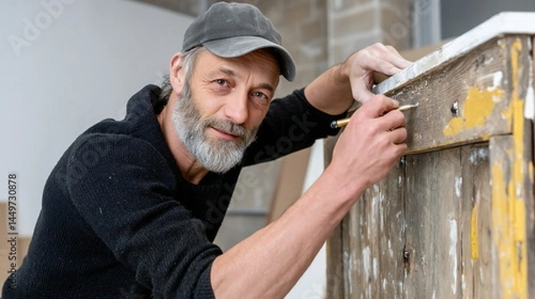 Obraz Artist restoring vintage furniture in a workshop during daytime while displaying craftsmanship and focus on details