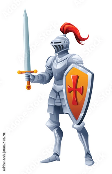 Fototapeta Knight in armor holding sword and shield, with a red plume on the helmet. Vector cartoon character illustration