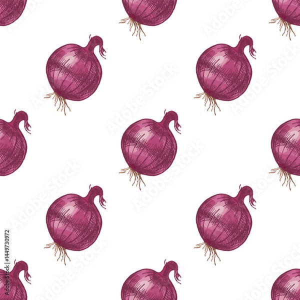 Fototapeta Hand drawn vintage colored sketch seamless pattern of onion bulbs in