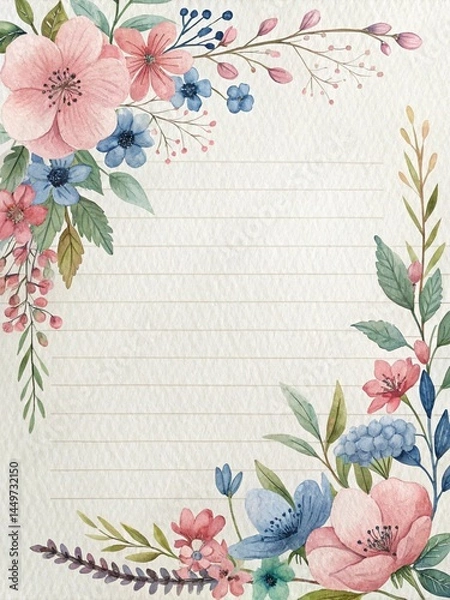 Fototapeta Vintage Floral Watercolor Letter Paper with Delicate Branch Frame and Soft Cream Background
