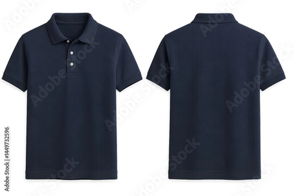 Fototapeta Classic navy blue polo shirt mockup showing front and back view of short sleeve cotton top with buttons and collar isolated on transparent background for apparel branding and design use