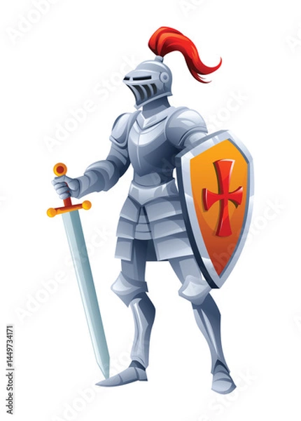 Fototapeta Knight in armor holding sword and shield, standing in a strong pose. Vector cartoon character illustration