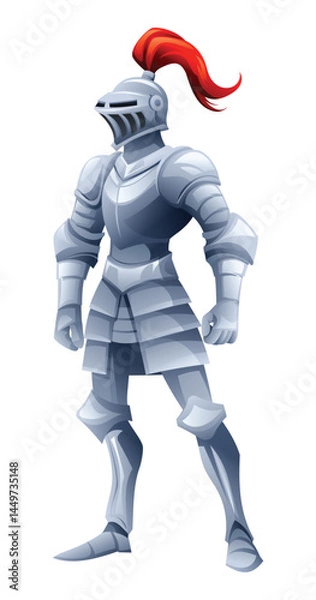 Fototapeta Knight character in full armor with a red plume, standing proudly in a heroic pose. Vector cartoon illustration