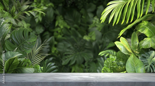 Fototapeta serene tropical backdrop featuring lush green foliage and textured stone surface, perfect for showcasing natural beauty