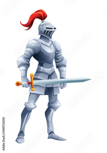 Fototapeta Knight character with a red plume holding sword, in a victorious pose. Vector cartoon illustration