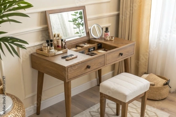 Fototapeta Elegant Dressing Table With Mirror and Stool in Bright Room Generative AI