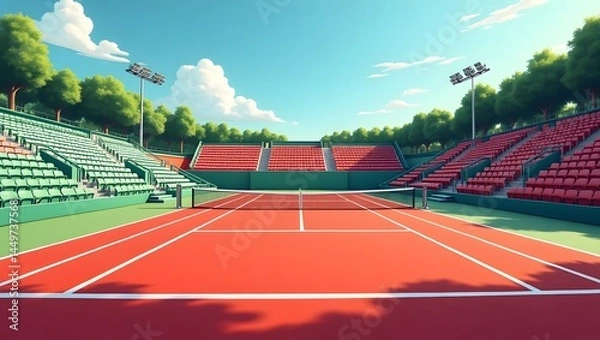 Fototapeta  illustration of an empty outdoor tennis court with a red playing surface and green surrounding area