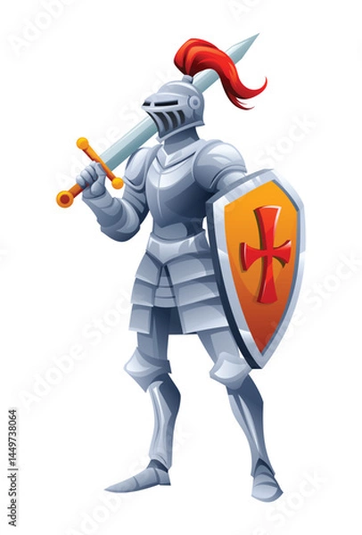 Fototapeta Medieval knight in shiny armor holding sword and shield. Vector cartoon character illustration