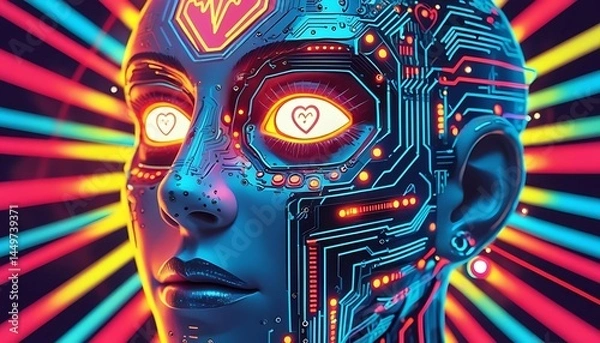 Fototapeta Neon Cybernetic Face with Circuit Integration