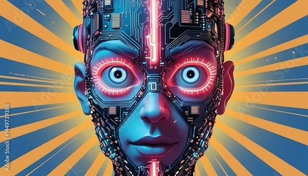 Fototapeta Robotic Face with Digital Circuit Detail and Radiant Background
