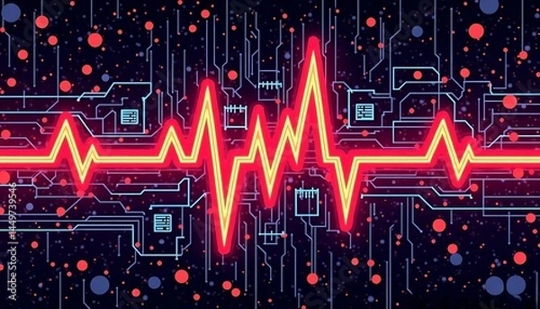 Fototapeta Digital Heartbeat Circuit with Red ECG Pulse