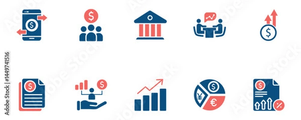 Obraz Finance and Banking Icon Set in Blue and Red  Investment, Analytics, Mobile Banking, Money Growth, Financial Planning, and Economy Symbols