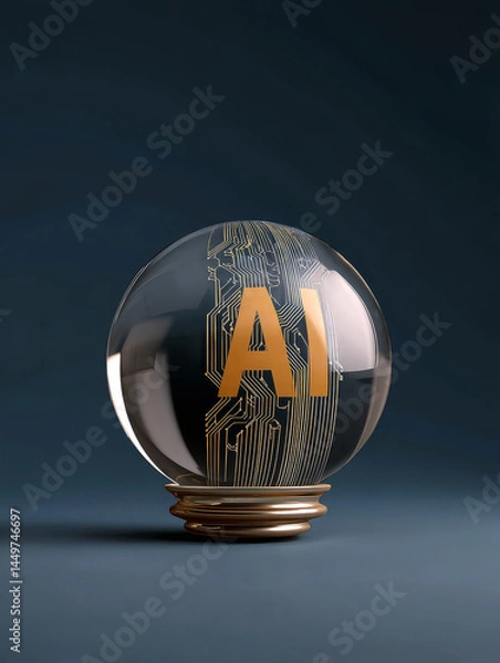 Fototapeta Crystal ball with circuits and AI chip inside concept illustration.