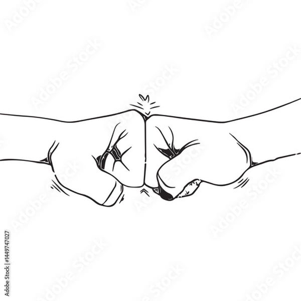 Fototapeta Vector illustration of two fists bumping in a gesture of agreement, friendship, or teamwork. Simple black and white line art.