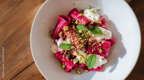 Obraz Pink pasta, salad with beetroot and feta cheese