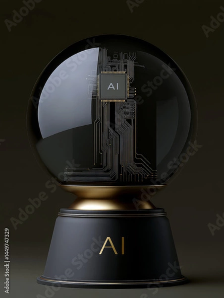 Fototapeta Crystal ball with circuits and AI chip inside concept illustration.