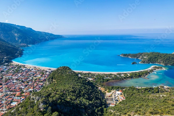 Obraz The Oludeniz Beach drone view from hill in Fethiye Town of Turkey